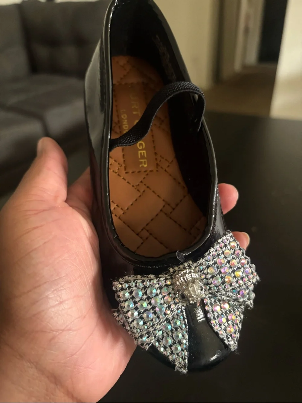 Kurt Geiger Girls' Black Patent Mary Jane Flats with Crystal Bow